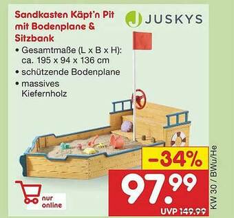 Netto Marken-Discount Juskys Sandkasten Käpt'n Pit Mit Bodenplane & Sitzbank Angebot