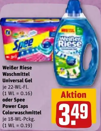 REWE Weißer Riese Waschmittel Universal Gel 22 WL Fl. oder Spee Power Caps Colorwaschmittel 18 WL Pckg. Angebot