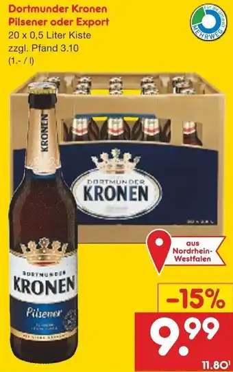 Netto Getränke Discount Dortmunder Kronen Pilsener oder Export 20x0,5 Liter Kiste Angebot