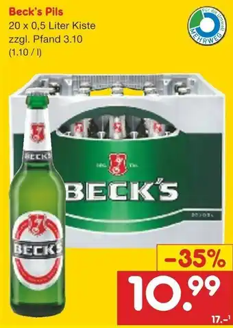 Netto Getränke Discount Beck's Pils 20x0,5 Liter Kiste Angebot