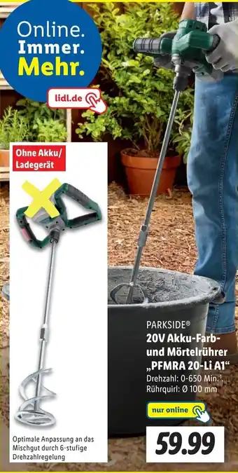 Lidl Parkside 20V Akku-Farb-und Mörtelrührer,,PFMRA 20-Li A1'' Angebot