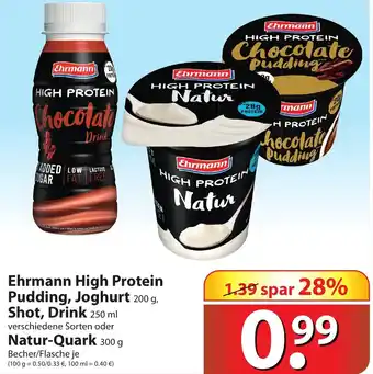 Famila Nord Ost Ehrmann High Protein Pudding, Joghurt 200g, Shot, Drink 250ml oder Natur Quark 300g Becher Angebot