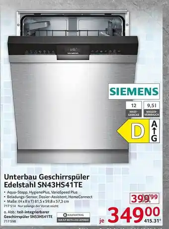 Selgros Siemens unterbau geschirrspüler edelstahl sn43hs41te Angebot