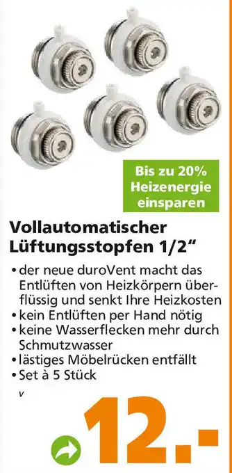 Globus Baumarkt Vollautomatischer Lüftungstopfen 1/2 Angebot