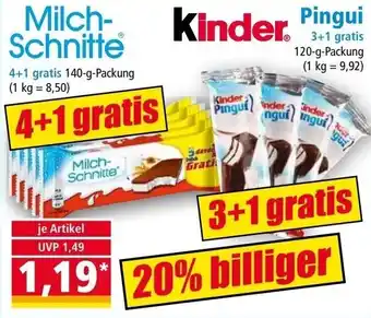 Norma Milchschnitte 140 g oder Kinder Pingui 120 g Packung Angebot