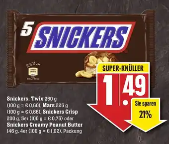 SBK Snickers, Twix 250g, Mars, Snickers Crisp oder Snickers Creamy Peanut Butter 146g Angebot