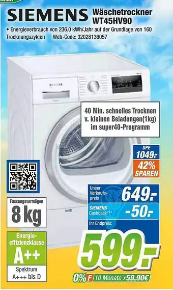 Expert Klein Siemens wäschetrockner wt45hv90 Angebot