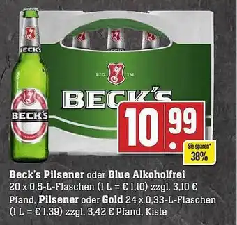 Scheck-in-Center Beck's pilsener oder blue alkoholfrei, pilsener oder gold Angebot