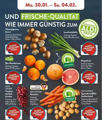 Aldi Süd Champignons braun, bio-mandarinen, trauben dunkel, kernlos, karotten, speisekartoffeln festkochend, grapefruit, lauchewiebeln Angebot