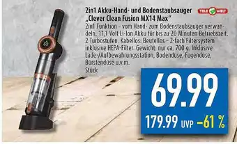 diska Tele welt 2in1 akku-hand- und bodenstaubsauger „clever clean fusion mx14 max“ Angebot