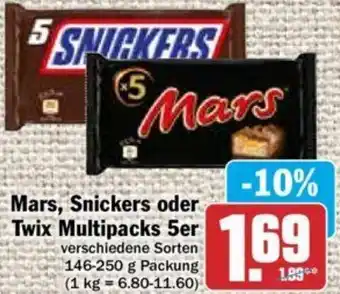 Hit Mars, Snickers oder Twix Multipacks 5er 146-250 g Packung Angebot