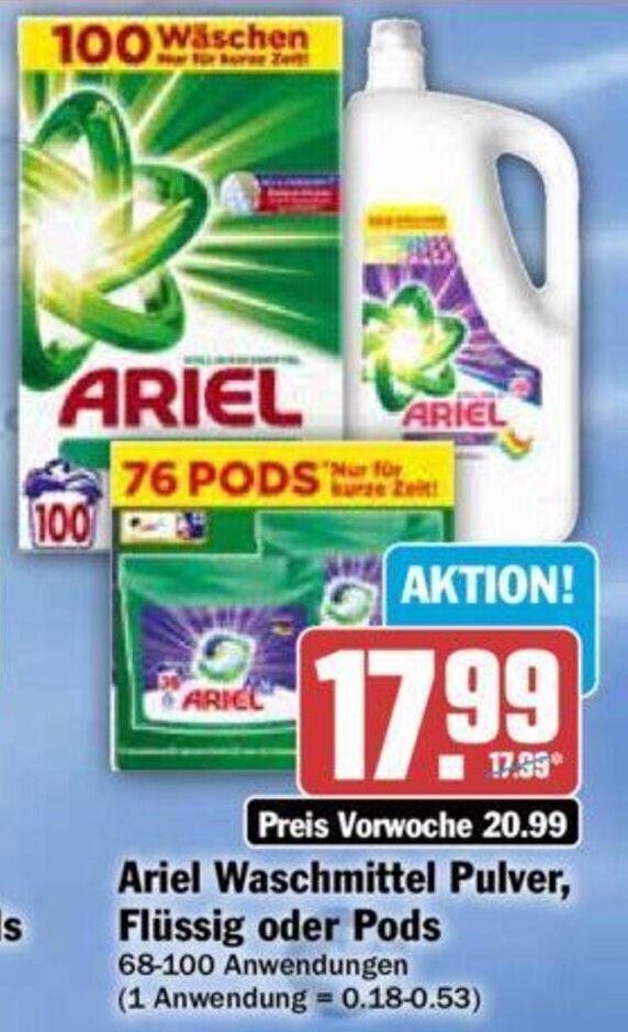 Ariel Waschmittel Pulver, Flüssig oder Pods 68100 Anwendungen Angebot bei Hit