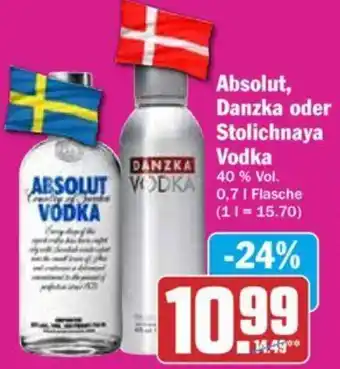 Hit Absolut Danzka oder Stolichnaya Vodka 0,7 L Flasche Angebot