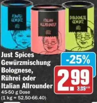 Hit Just Spices Gewürzmischung Bolognese, Rührei oder Italian Allrounder 45-50 g Dose Angebot