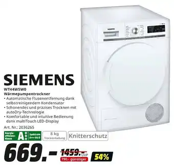 MediaMarkt Siemens WT44W5W0 Wärmepumpentrockner Angebot