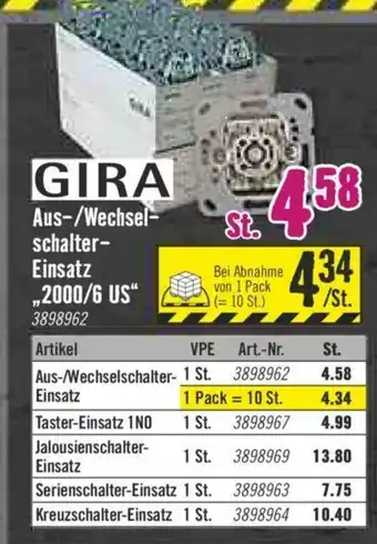 Hornbach Gira Aus/Wecselschalter Einsatz 2000/6 US Angebot