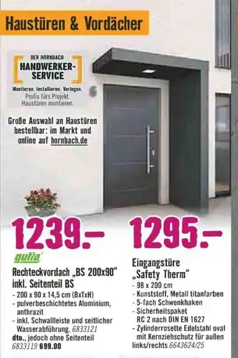 Hornbach Rechteckvordach BS 200x90 inkl, Seitenteil BS oder Eingangstüre Safety Therm Angebot