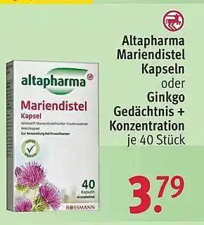 Rossmann Altapharma Mariendistel Kapseln oder Gingko Gedächtnis+Konzentration Angebot