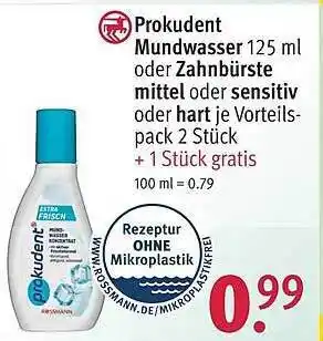 Rossmann Prokudent Mundwasser 125ml oder Zahnbürste mittel oder Sensitiv oder hart je vorteils pack 2 Stück Angebot