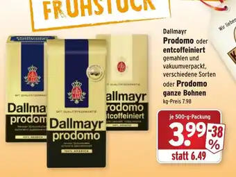 Wasgau Dallmayr Prodomo oder entcoffeiniert oder Prodomo ganze Bohnen 500g Angebot