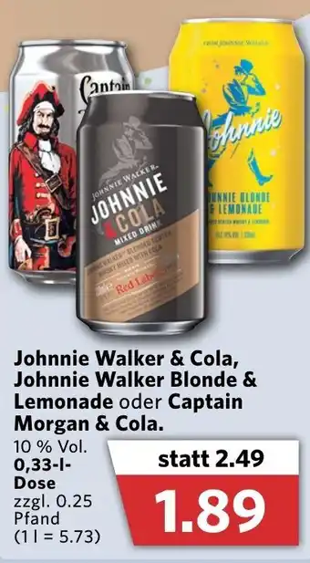 Combi Johnnie Walker & Cola, Johnnie Walker Blonde & Lemonade oder Captain Morgan & Cola 330ml Angebot