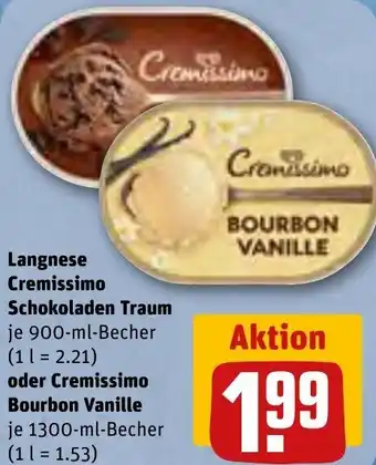 REWE Langnese Cremissimo Schokoladen Traum 900 ml oder Bourbon Vanille 1300 ml Becher Angebot