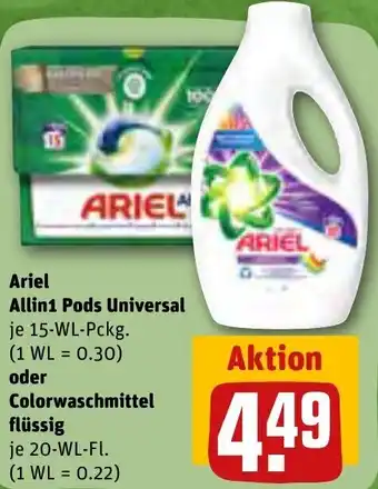 REWE Ariel Allin1 Pods Universal 15 WL Pckg. oder Colorwaschmittel flüssig 20 WL-Fl. Angebot