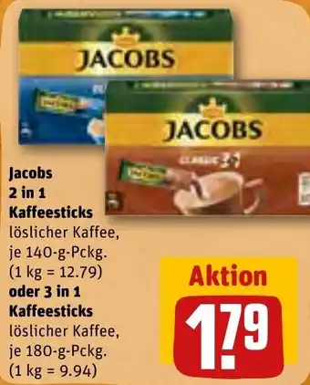 REWE Jacobs 2in1 Kaffeesticks 140 g oder 3in1 Kaffeesticks Löslicher Kaffee 180 g Pckg. Angebot