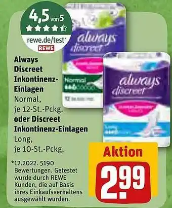 REWE Always discreet inkontinenz-einlagen oder discreet Angebot