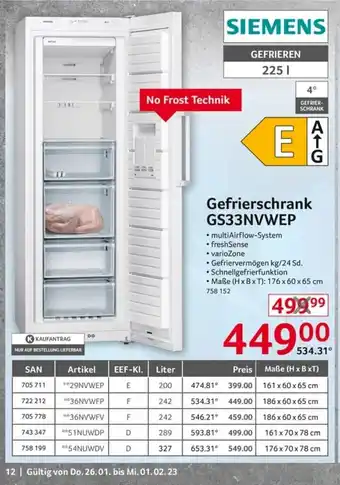 Selgros Siemens Gefrierschrank | GS33NVWEP Angebot