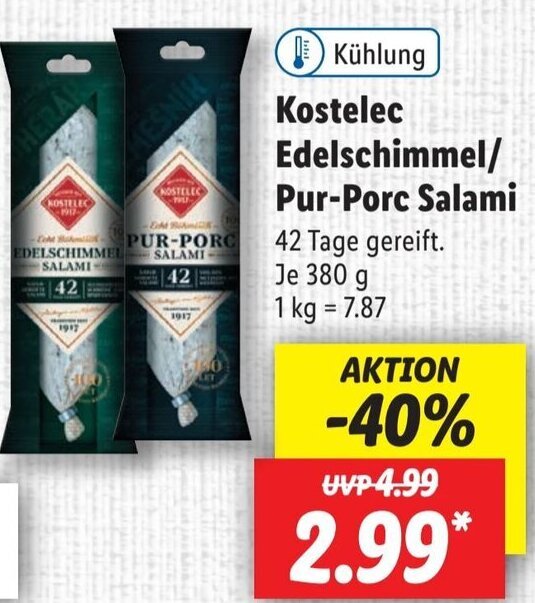 Kostelec Edelschimmel/Pur Porc Salami 380 g Angebot bei Lidl