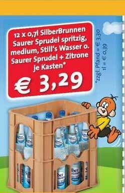 Getränke Göbel 12 X 0,7 L SilberBrunnen Saurer Sprudel Spritzig, Medium, Still's Wasser O. Saurer Sprudel + Zitrone Je Kasten Angebot