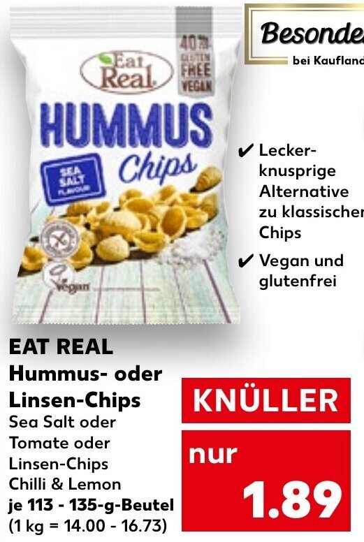 Eat Real Hummus oder Linsen Chips 113135 g Beutel Angebot bei Kaufland