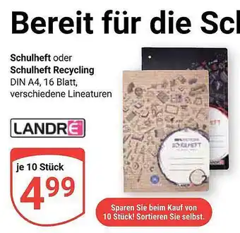 Globus Landré schulheft oder recycling Angebot