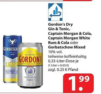 Famila Nord Ost Gordon's dry gin & tonic, captain morgan & cola, captain morgan white rum & cola oder gorbatschow mixed Angebot