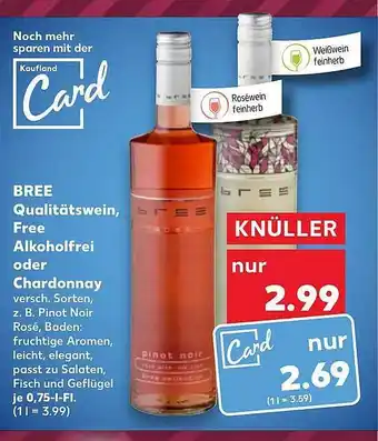 Kaufland Bree qualitätswein, free alkoholfrei oder chardonnay Angebot