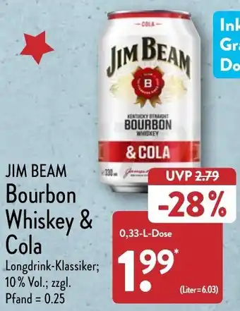 Aldi Nord Jim Beam Bourbon Whiskey & Cola 0,33 L Dose Angebot