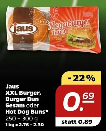 NETTO Jaus XXL Burger, Burger Bun Sesam oder Hot Dog Buns 250-300 g Angebot