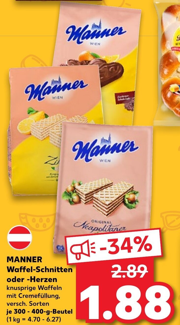 Manner Waffel Schnitten oder Herzen 300-400g Beutel Angebot bei Kaufland