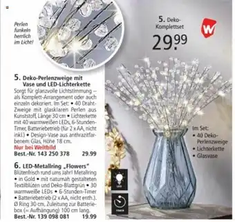 Weltbild Deko-perlenzweige mit vase und led-lichterkette oder led-metallring „flowers“ Angebot