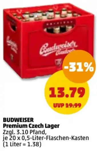 PENNY Budweiser Premium Czech Lager 20x0,5 Liter Flaschen Kasten Angebot