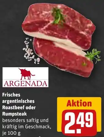 REWE Argenada Frisches argentinisches Roastbeef oder Rumpsteak 100 g Angebot