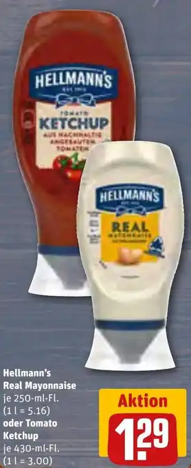 REWE Hellmann's Real Mayonnaise 250 ml oder Tomato Ketchup 430 ml Fl. Angebot