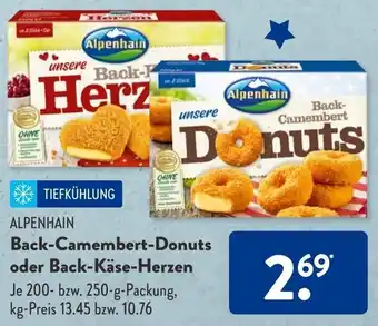 Aldi Süd Alpenhain Back Camembert Donuts oder Back Käse Herzen 200/250 g Packung Angebot