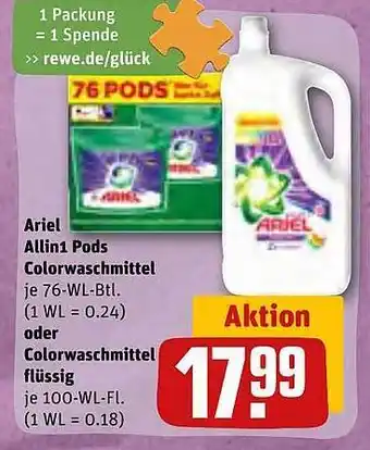 REWE Ariel allin1 pods colorwaschmittel oder colorwaschmittel flüssig Angebot