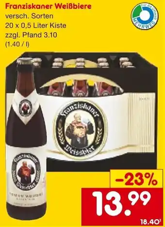 Netto Getränke Discount Franziskaner Weißbiere 20x0,5 Liter Kiste Angebot