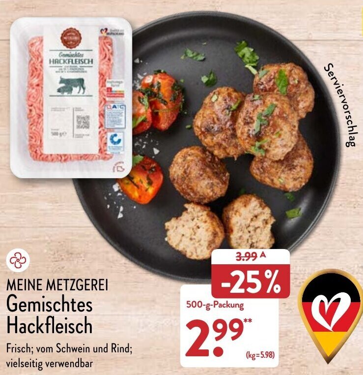 Meine Metzgerei Gemischtes Hackfleisch 500 g Packung Angebot bei Aldi Nord