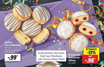 Lidl Berliner mit vanillecreme oder mit mehrfruchtfüllung Angebot