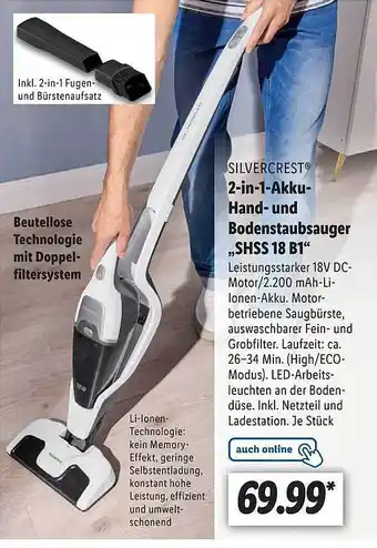 Lidl Silvercrest 2in1-akku-hand- und bodenstaubsauger shss18b1 Angebot