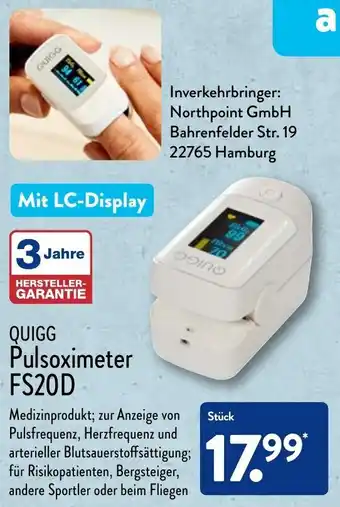 Aldi Nord Quigg Pulsoximeter FS20D Angebot